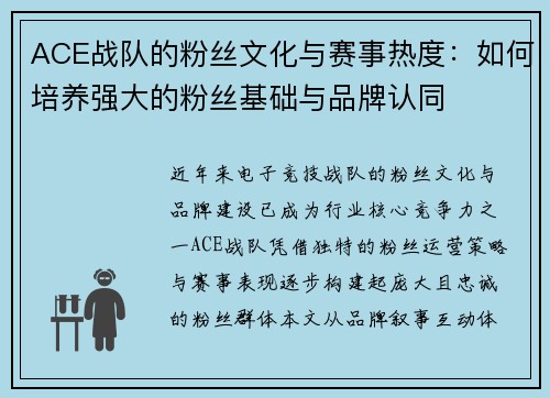 ACE战队的粉丝文化与赛事热度：如何培养强大的粉丝基础与品牌认同