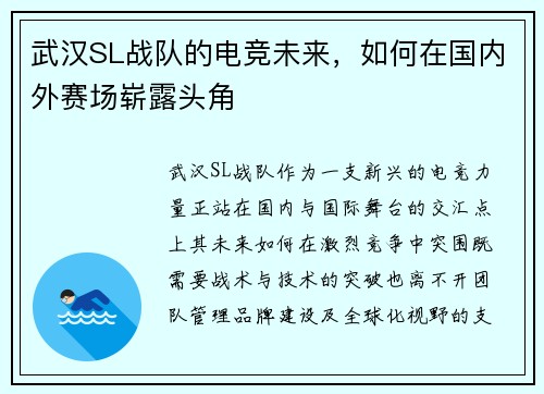 武汉SL战队的电竞未来，如何在国内外赛场崭露头角