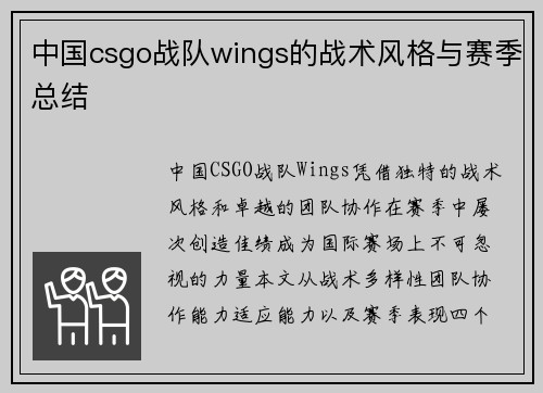 中国csgo战队wings的战术风格与赛季总结