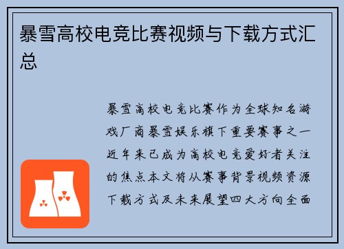 暴雪高校电竞比赛视频与下载方式汇总