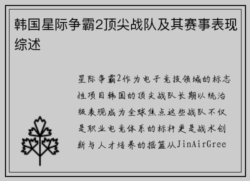 韩国星际争霸2顶尖战队及其赛事表现综述